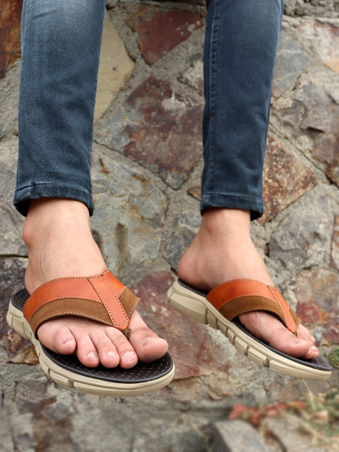 Shop Men Tan Slip On Casual Flexible Phylon Sole Slippers Online.