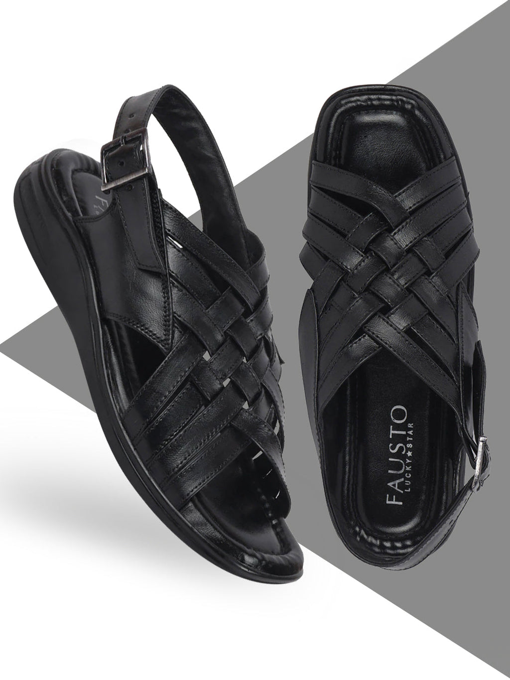 shop men black buckle criss cross strap leather sandals online.