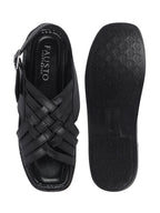 shop men black buckle criss cross strap leather sandals online.