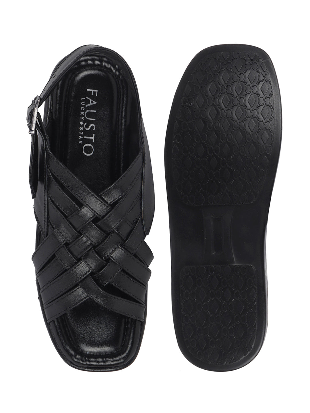 shop men black buckle criss cross strap leather sandals online.
