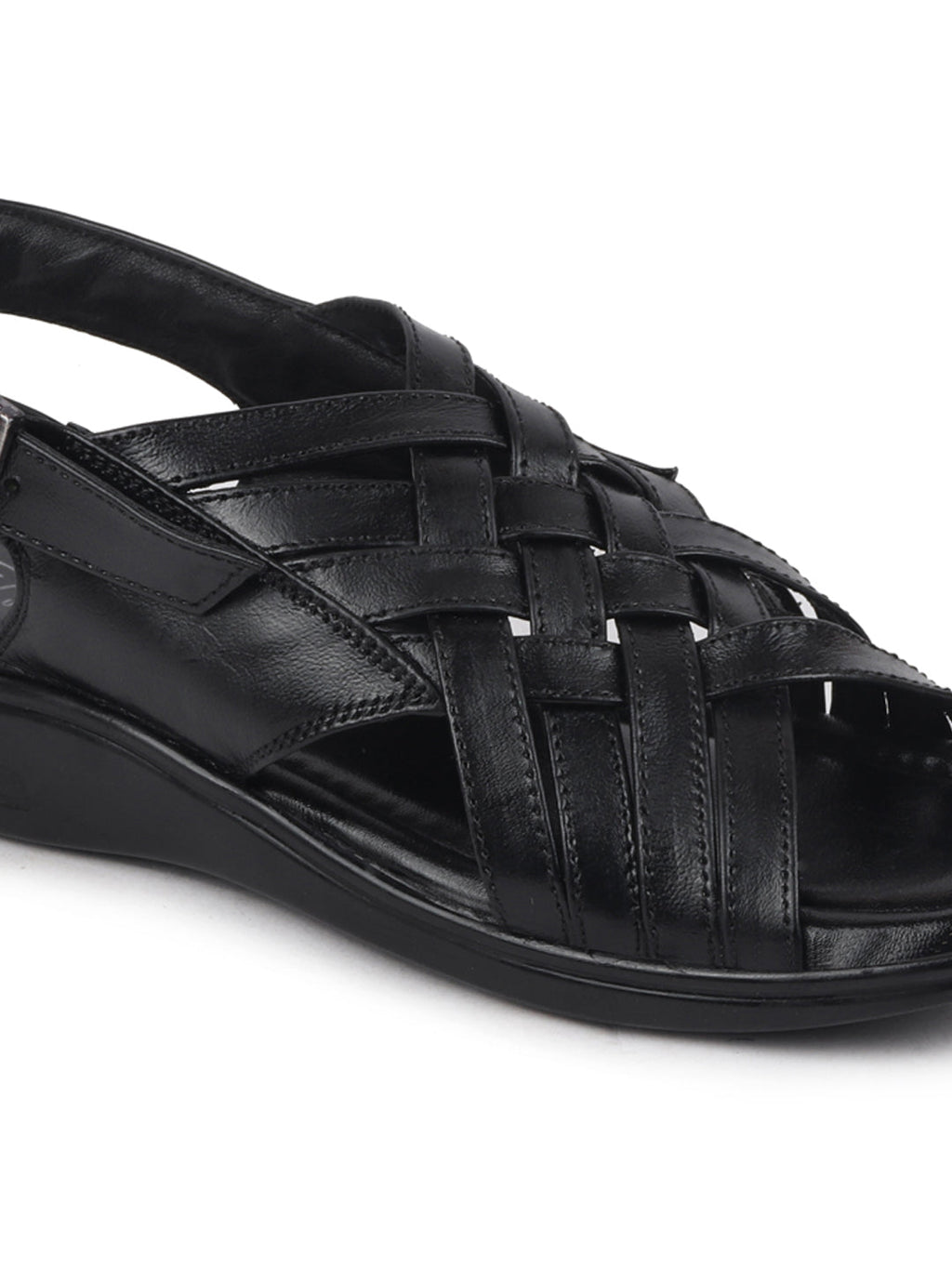 shop men black buckle criss cross strap leather sandals online.