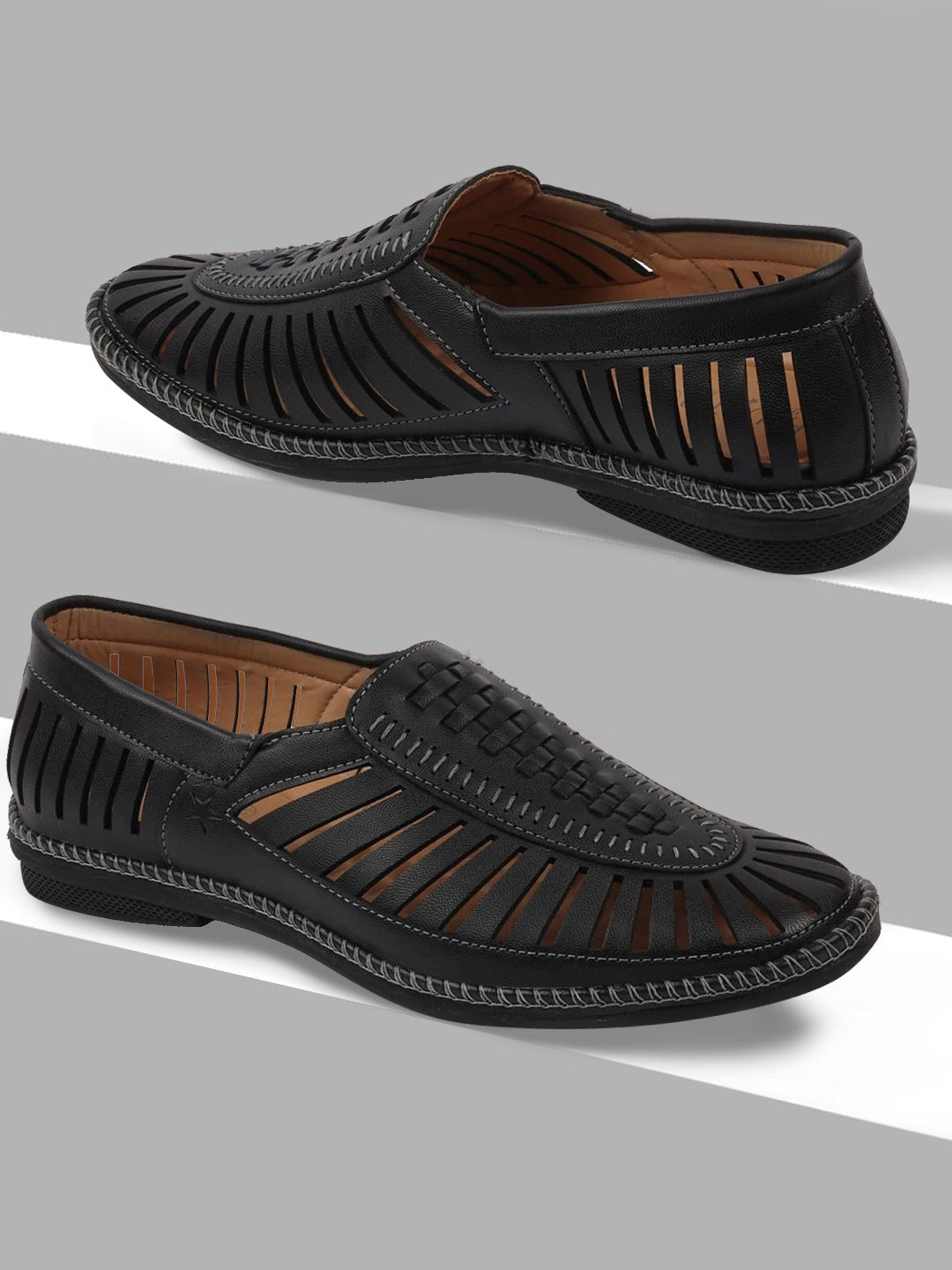 Shop Men Black Laser Cut Stitched Ethnic Jutis & Mojaris Online.