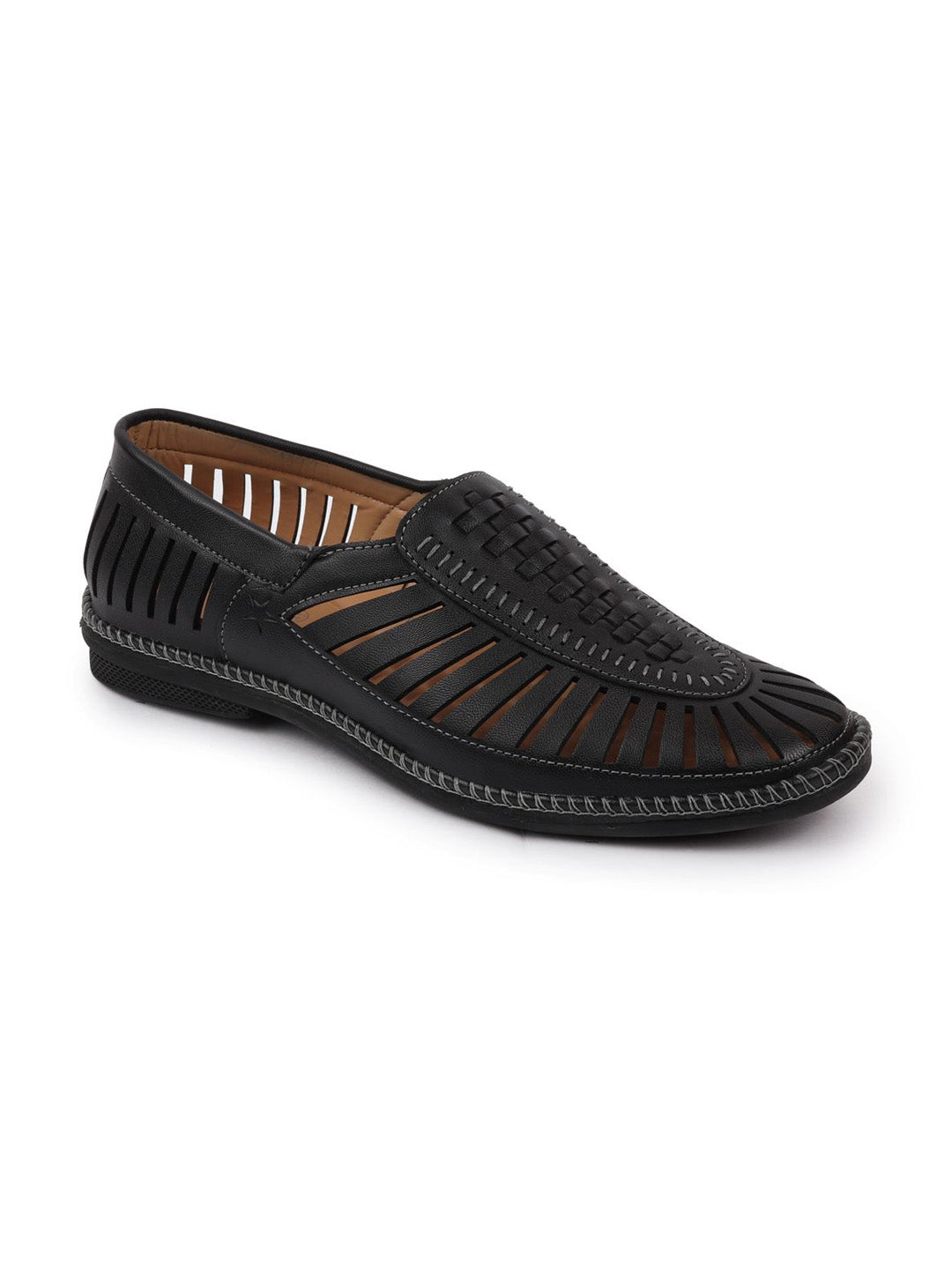 Shop Men Black Laser Cut Stitched Ethnic Jutis & Mojaris Online.