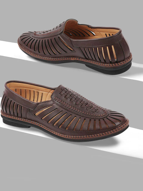 Shop Men Brown Laser Cut Stitched Ethnic Jutis & Mojaris Online.