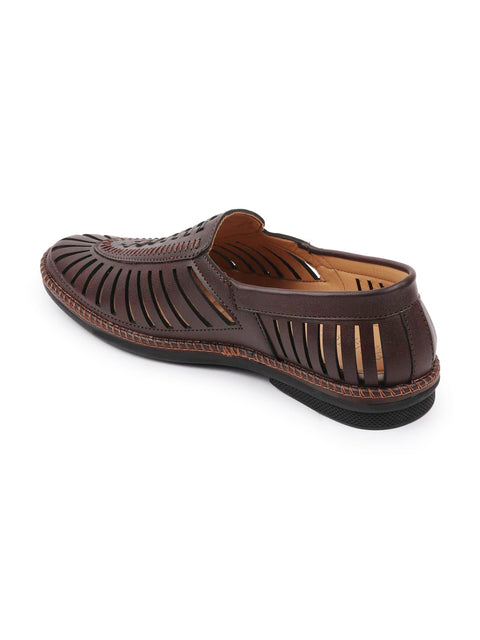 Shop Men Brown Laser Cut Stitched Ethnic Jutis & Mojaris Online.