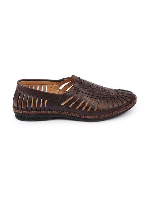 Shop Men Brown Laser Cut Stitched Ethnic Jutis & Mojaris Online.
