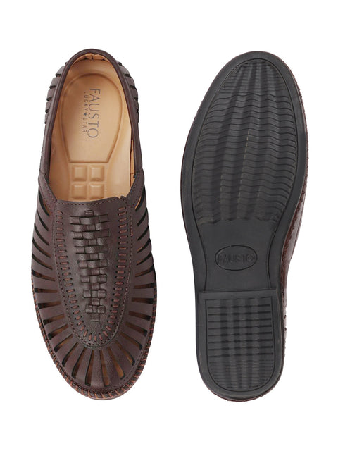 Shop Men Brown Laser Cut Stitched Ethnic Jutis & Mojaris Online.
