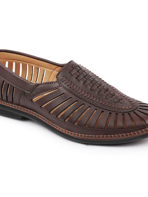 Shop Men Brown Laser Cut Stitched Ethnic Jutis & Mojaris Online.