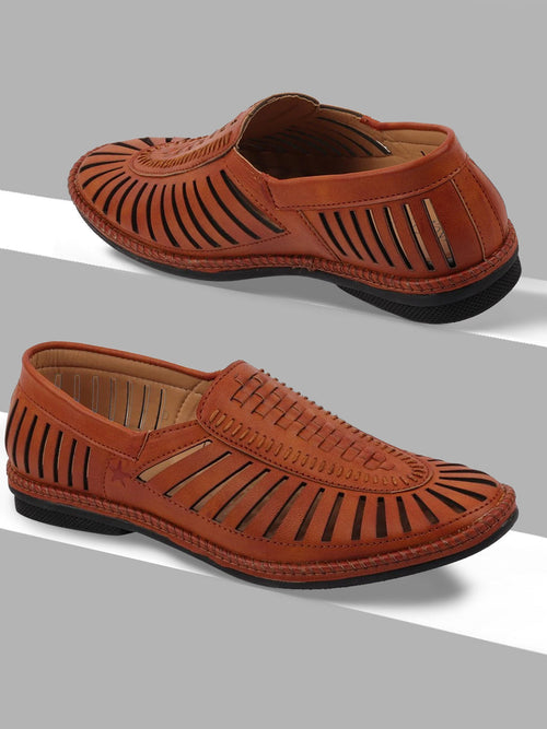 Shop Men Tan Laser Cut Stitched Ethnic Jutis & Mojaris Online.
