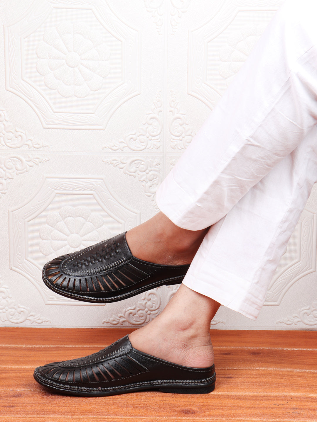 Shop Men Black Back Open Laser Cut Stitched Ethnic Mojaris Online.
