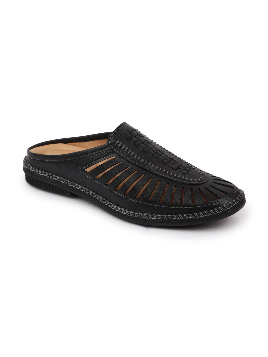 Shop Men Black Back Open Laser Cut Stitched Ethnic Mojaris Online.