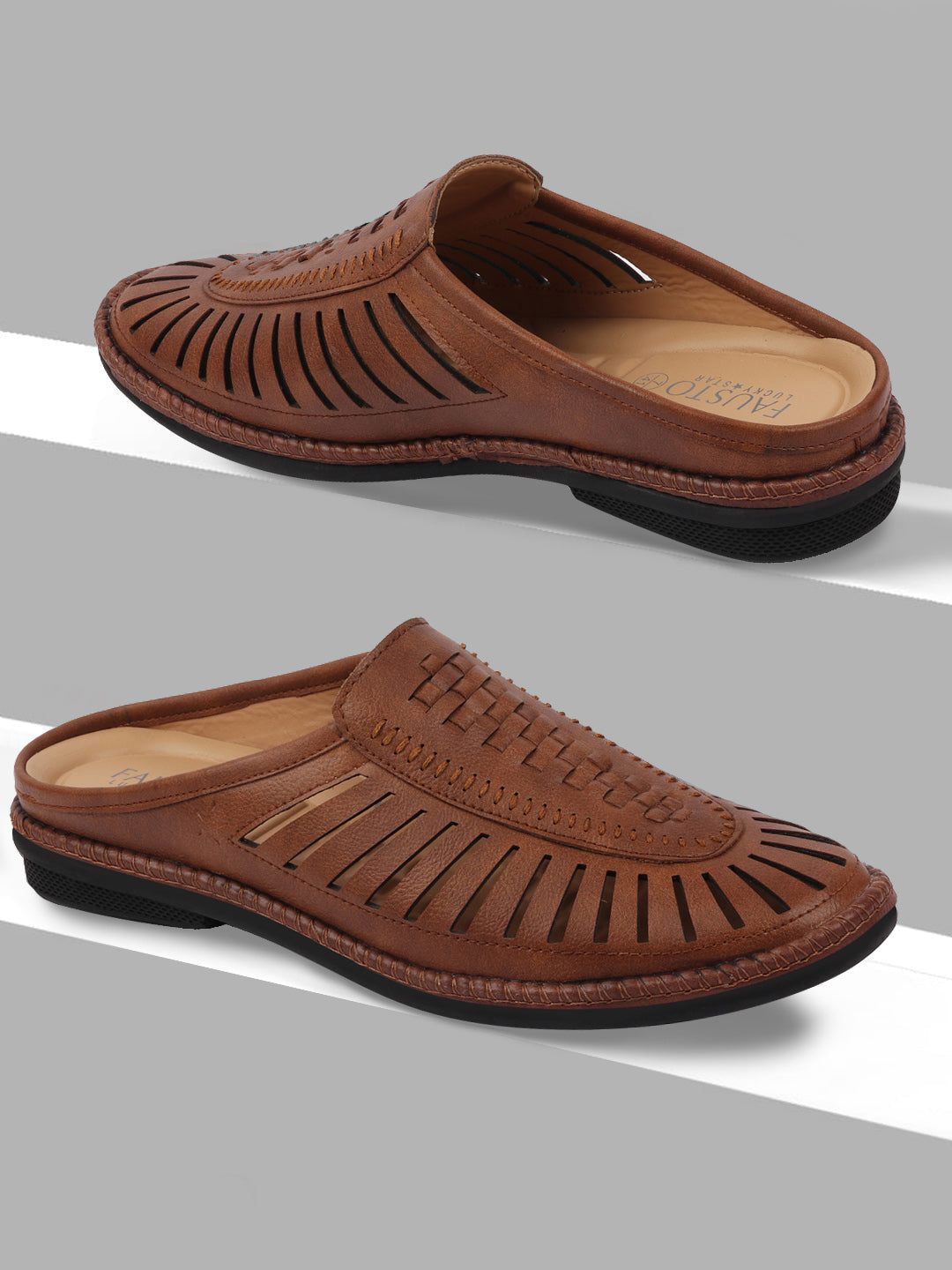 Shop Men Brown Back Open Laser Cut Stitched Ethnic Mojaris Online.